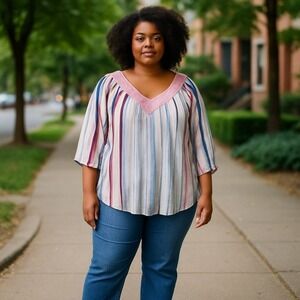 Sacred Threads Striped Blouse V-Neck 3/4 Sleeve‎ Bohemian Top L/XL